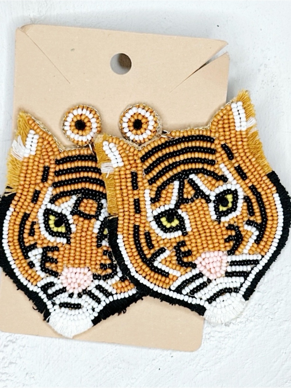 Handmade Beaded Tiger Head Earrings in Gold and Black